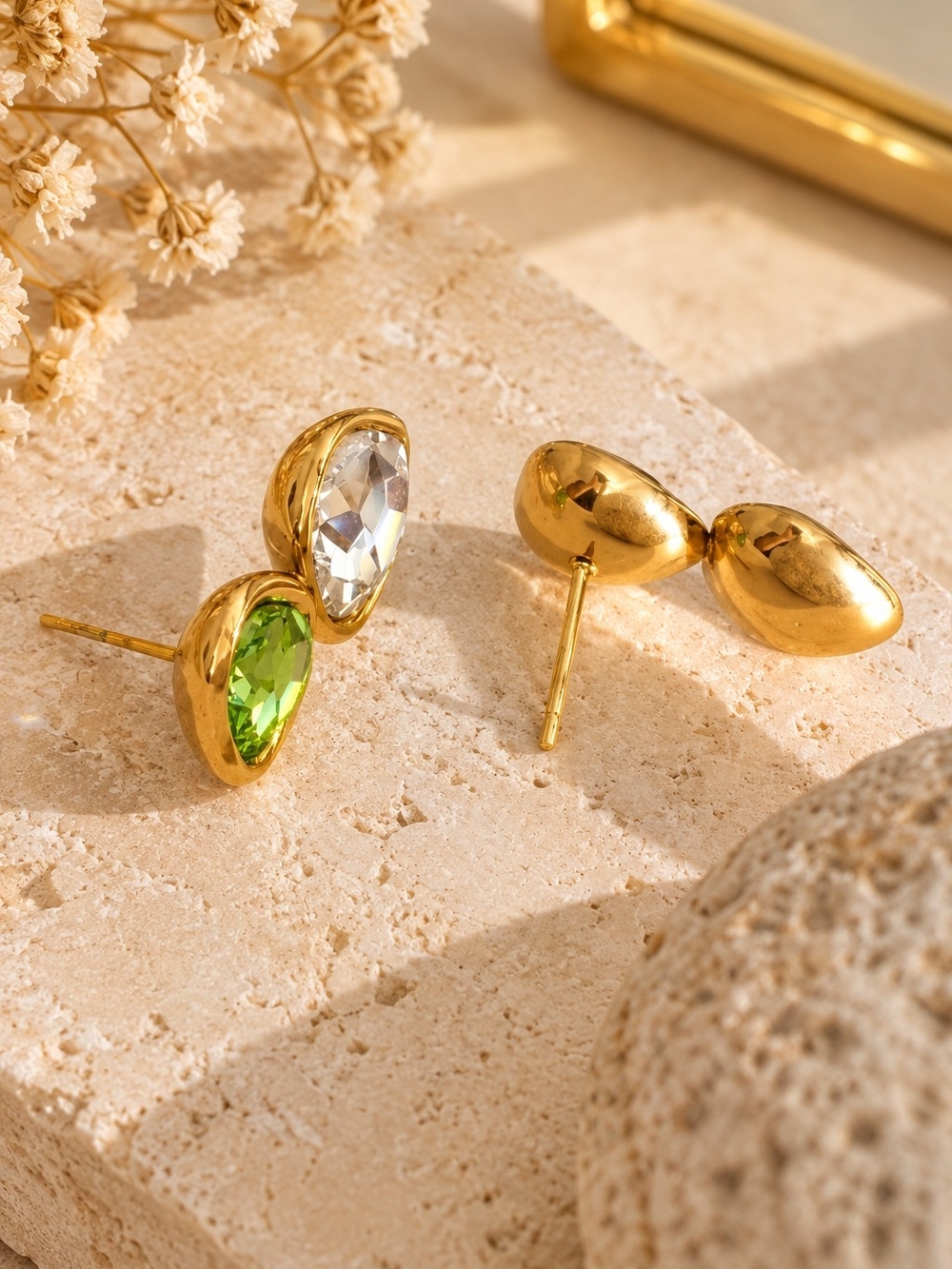 Gold Teardrop Stud Earrings with Green and Clear Stones - Picture 4 of 5